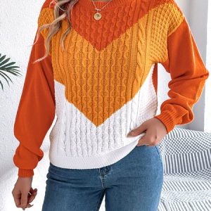Women Cotton Geometric Long Sleeve Comfy Casual Sweater, Sweaters, color:Orange|size:XL, catalog Noracora shop