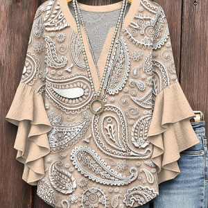 V Neck Half Sleeve Paisley Regular Micro-Elasticity Regular Fit Blouse For Women, Blouses, color:Apricot|size:4XL, catalog Noracora shop