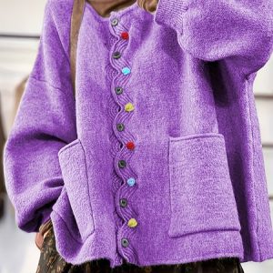 Women Multicolor Block Long Sleeve Comfy Vintage Cardigan, Cardigans, color:Purple|size:3XL, catalog Noracora shop
