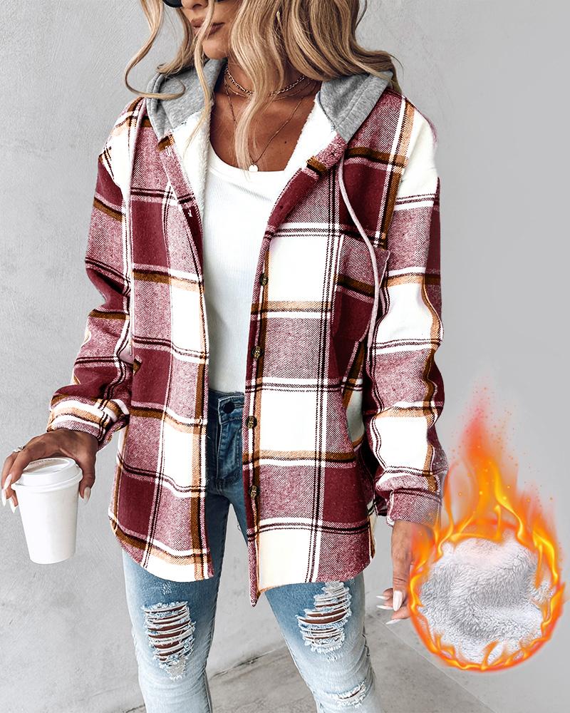 Plaid Pattern Long Sleeve Shacket Button Down Fleece Lined Hooded Jackets Warm Coat, women Jackets & Coats, ChicMe catalog - Image 5