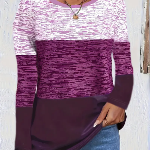 Women Multicolor Block Long Sleeve Tee T-shirt Crew Neck Printing Casual Spring/Fall Graphic Tee Top, JustFashionNow T-Shirts, color:Purple|size:XXL,