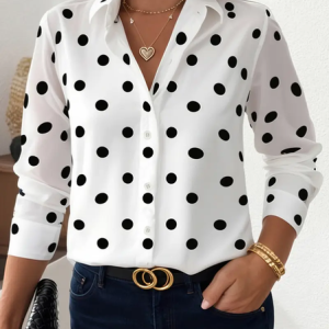 Women Polka Dots Long Sleeve Shirt Spring/Fall Buckle Shirt Collar Regular Sleeve Daily Casual Top, JustFashionNow Shirts, color:White|size:XXL,
