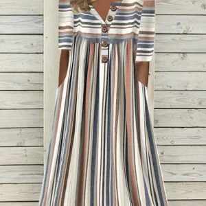 Women Striped Half Sleeve Summer Printing Dress Half Open Collar Daily Casual Maxi A-Line Dress, JustFashionNow Casual Dresses, color:As Picture|size:5XL,