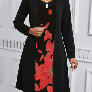 Women Floral Spring/Fall Dress V Neck Long Sleeve A-Line Dress, Maxi, color:Black|size:XXL, catalog Noracora shop
