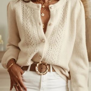 Women Cotton Plain Long Sleeve Comfy Casual Cardigan, Sweaters, color:Champagne|size:XL, catalog Noracora shop