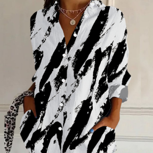 Women Abstract Long Sleeve Shirt Spring/Fall Buckle Shirt Collar Daily Casual Top, JustFashionNow Shirts, color:Black-white|size:XXL,