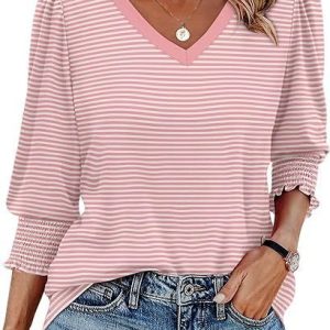 V Neck Three Quarter Sleeve Striped Regular Micro-Elasticity Regular Fit Shirt For Women, Shirts, color:Pink|size:XXL, catalog Noracora shop