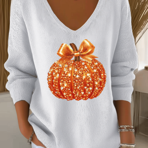 Women Halloween (pumpkin) Long Sleeve Tee T-shirt V Neck Printing Casual Spring/Fall Top, JustFashionNow T-Shirts, color:White|size:4XL