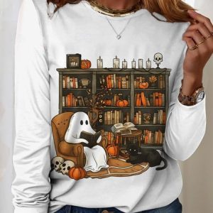 Vintage Halloween Crew Neck Long Sleeve T-shirt, T-shirts, color:White|size:XXL, catalog Noracora shop