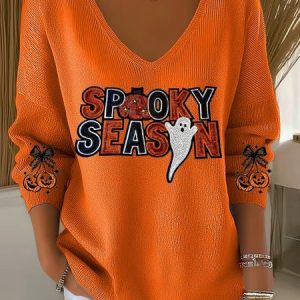Vintage Halloween (pumpkin) V Neck Three Quarter Sleeve T-shirt, Sweaters, color:Color3|size:5XL, catalog Noracora shop