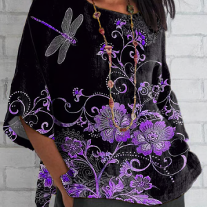 Women Floral Half Sleeve Tee T-shirt Crew Neck Casual Summer Top, JustFashionNow T-Shirts, color:Black|size:5XL