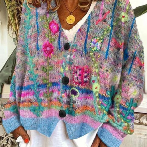 Women Floral Printing Long Sleeve V Neck Casual Spring/Fall Cardigan Outerwear, JustFashionNow Cardigans, color:Blue|size:5XL,
