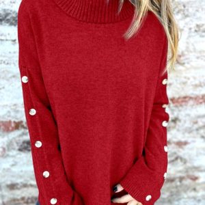 Women Cotton Plain Long Sleeve Comfy Casual Sweater, Sweaters, color:Wine Red|size:3XL, catalog Noracora shop