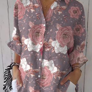 Shirt Collar Three Quarter Sleeve Floral Printing Regular Loose Button Up Shirt Shirt For Women, Shirts, color:Purple|size:5XL, catalog Noracora shop
