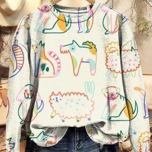 Casual  Cute Animals Art Print Crew Neck Sweatshirt, Hoodies & Sweatshirts, color:White|size:5XL, catalog Noracora shop