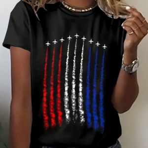 Women Independence Day (Flag) Short Sleeve Tee T-shirt Crew Neck Printing Casual Summer Graphic Tee Top, JustFashionNow T-Shirts, color:Black|size:4XL,