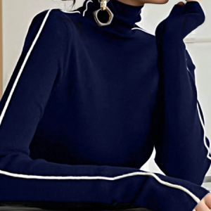 Knitted Urban Color Block Split Joint Turtleneck T-shirt, Tees, color:Blue|size:XXL, Stylewe