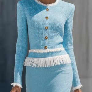 Tweed Elegant Plain Buttoned Crew Neck Tassel Blouse, Blouses and Shirts, color:Blue|size:XXL, Stylewe