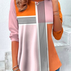 Vintage Plaid Crew Neck Long Sleeve T-shirt, T-shirts, color:Pink|size:4XL, catalog Noracora shop