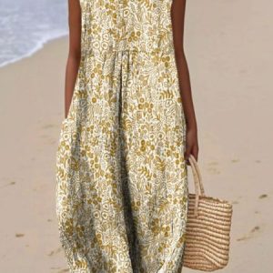 Women Floral Summer Dress Crew Neck Sleeveless A-Line Dress, Dresses, color:Beige|size:4XL, catalog Noracora shop