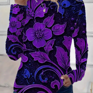 Women Floral Long Sleeve Tee T-shirt Crew Neck Printing Casual Spring/Fall Graphic Tee Top, JustFashionNow T-Shirts, color:Purple|size:XXL,