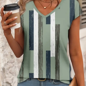 Women Geometric Short Sleeve Tee T-shirt V Neck Printing Casual Summer Graphic Tee Top, JustFashionNow T-Shirts, color:Green|size:XXL,