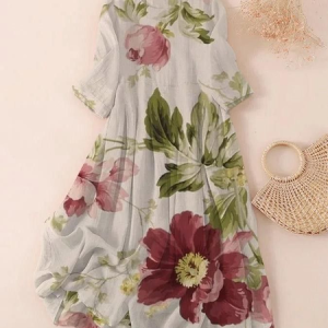 Women Floral Three Quarter Sleeve Spring/Fall Printing Dress Crew Neck Daily Casual Maxi Classic H-Line Dress, JustFashionNow Casual Dresses, color:Apricot|size:5XL,