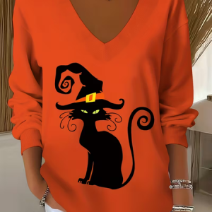 Women Cat Long Sleeve Tee T-shirt V Neck Printing Casual Spring/Fall Top, JustFashionNow T-Shirts, color:Orange|size:4XL