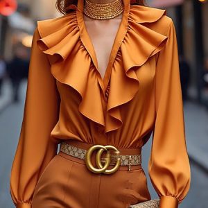 Casual Plain Buttoned Peplum Blouse, Blouses and Shirts, color:Orange|size:XXL, Stylewe