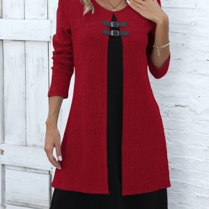 Casual Color Block Crew Neck Midi Dress, JustFashionNow Dresses, color:Wine Red|size:3XL,
