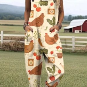 Women Animal Square Neck Gallus Casual Summer Cotton And Linen Jumpsuit, Jumpsuits&Rompers, color:Yellow|size:4XL, catalog Noracora shop