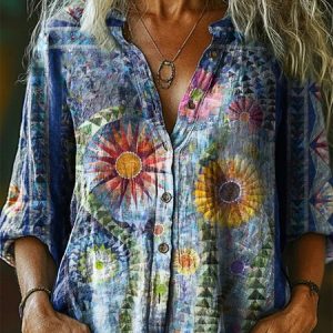 Stand Collar Half Sleeve Geometric Regular Loose Shirt For Women, Shirts, color:As Picture|size:4XL, catalog Noracora shop