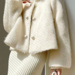 Urban Woolen Plain Front Button Coat, Coats, color:White|size:XXL, Stylewe