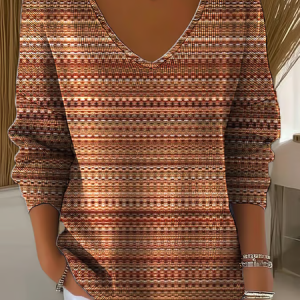 Casual Abstract Stripes V Neck Long Sleeve T-shirt, T-shirts, color:Brown|size:4XL, catalog Noracora shop