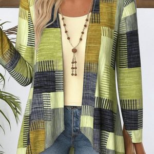 V Neck Long Sleeve Geometric Regular Micro-Elasticity Regular Fit Blouse For Women, Shirts, color:Yellow|size:3XL, catalog Noracora shop