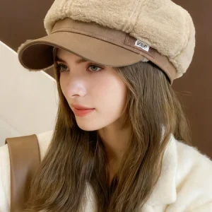 Winter cashmere fashion leather label octagonal hat winter warm cold-proof duckbill hat, Hats, color:Off White|size:One-size, Stylewe