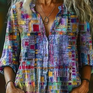 Stand Collar Half Sleeve Multicolor Block Regular Loose Shirt For Women, Shirts, color:As Picture|size:4XL, catalog Noracora shop