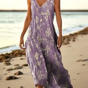 Women Floral Summer Dress V Neck Sleeveless A-Line Dress, Maxi, color:Light Purple|size:5XL, catalog Noracora shop