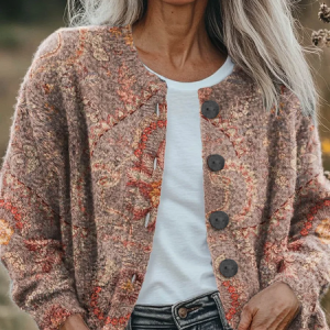 Women Floral Printing Long Sleeve Crew Neck Vintage Spring/Fall Cardigan Outerwear, JustFashionNow Cardigans, color:Pink|size:5XL,