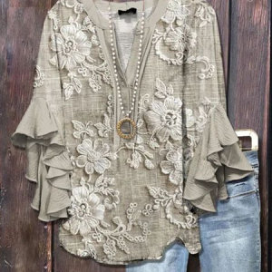 V Neck Half Sleeve Floral Printing Regular Loose Shirt For Women, Blouses, color:As Picture|size:5XL, catalog Noracora shop