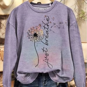 Women's Just Breathe Dandelion Print Casual Crew Neck Sweatshirt, Hoodies & Sweatshirts, color:Purple|size:5XL, catalog Noracora shop