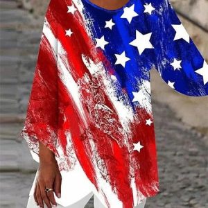 V Neck Long Sleeve America Flag Regular Loose Blouse For Women, Blouses, color:As Picture|size:3XL, catalog Noracora shop