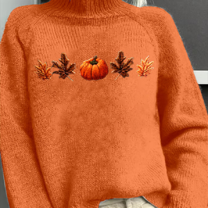 Women Maple Leaf Printing Spring/Fall Vintage Long Sleeve Turtleneck Sweater, JustFashionNow Sweaters, color:Orange|size:4XL,