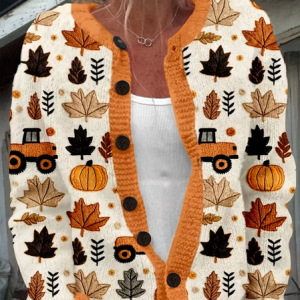 Women Maple Leaf Printing Long Sleeve Crew Neck Vintage Spring/Fall Cardigan Outerwear, JustFashionNow Cardigans, color:Orange|size:5XL,