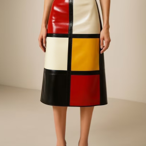 Urban Color Block Midi Faux Leather Skirt, Skirts, color:As Picture|size:XXL, Stylewe