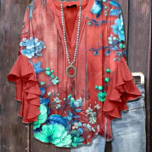 V Neck Half Sleeve Floral Printing Regular Loose Shirt For Women, Blouses, color:Red|size:5XL, catalog Noracora shop