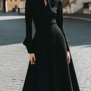Elegant Plain Lace-up V Neck Midi Dress, Midi Dresses, color:Black|size:XXL, Stylewe