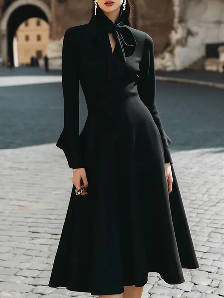 Elegant Plain Lace-up V Neck Midi Dress, Midi Dresses, color:Black|size:XXL, Stylewe