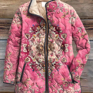 Women Winter Outerwear Vintage Printing Floral Long Sleeve Stand Collar Jacket, Outerwear, color:Pink|size:4XL, catalog Noracora shop
