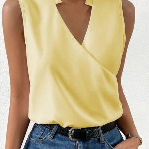 Women Elegant V Neck Plain Comfy Cotton Tank Tops, Tanks & Camis, color:Light Yellow|size:3XL, catalog Noracora shop
